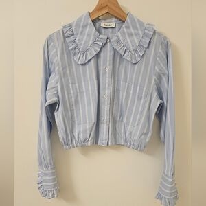 Sandro Light Blue Striped Blouse with Ruffle Detail